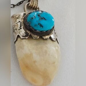 Beautiful Elk Ivory and Kingman Turquoise Pendant With Sterling Silver Chain